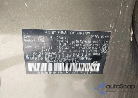 2021 Subaru Outback Onyx Edition Xt z USA, uszkodzony, nr VIN 4S4BTGLD3M3183594